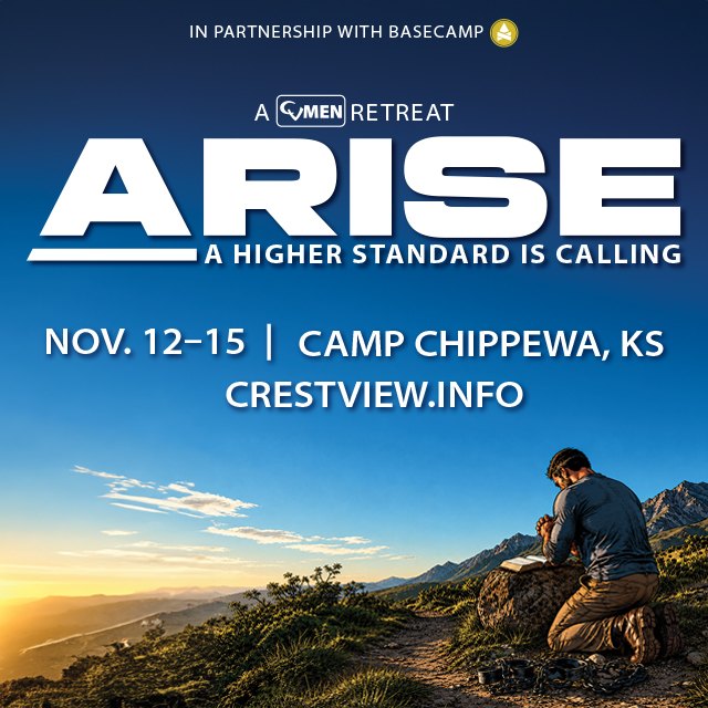 Square ARISE 2026 retreat graphic with man praying outdoors near mountains.